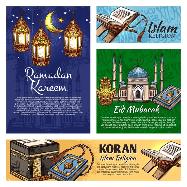 Islám náboženství Ramadan Lucerna, mešita a Koran — Stockový vektor