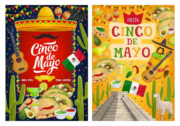 Sombrero mexicano, guitarra, bandera. Cinco de Mayo — Vector de stock