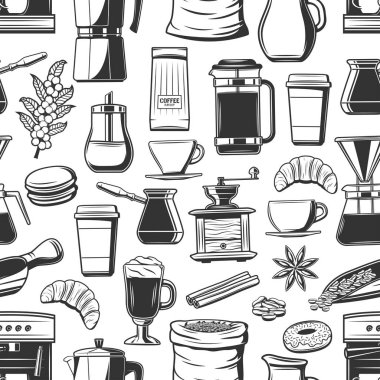 Coffee cups, bakery and seasoning seamless pattern clipart