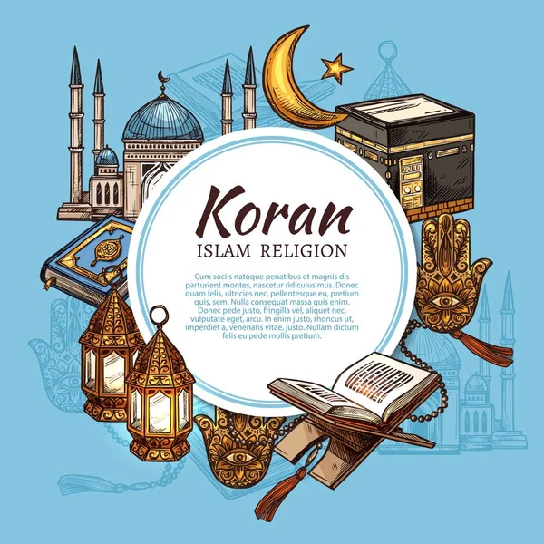 Islã religião mesquita, crescente, Alcorão e lanterna — Vetor de Stock