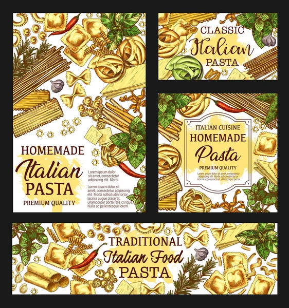 Paquete de pasta italiana, boceto de menú de cocina italiana — Vector de stock