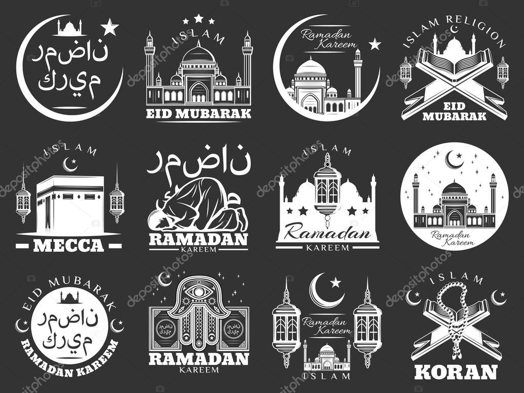 Islam religious holidays icons for Ramadan Kareem and Eid Mubarak greeting cards design. Vector symbols Muslim mosque in Mecca, crescent moon and star with Arabic script writings and religion symbol