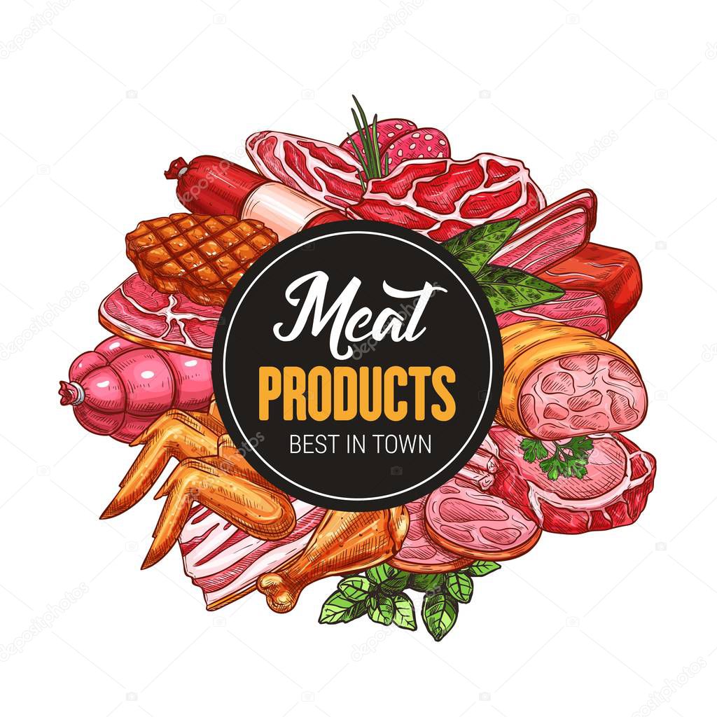 Butchery shop with meat products and sausages, vector. Beef and pork, salami and ham, steak and bacon, ham and chicken wings, drumstick with seasonings. Basil and parsley, bay leaf and leek