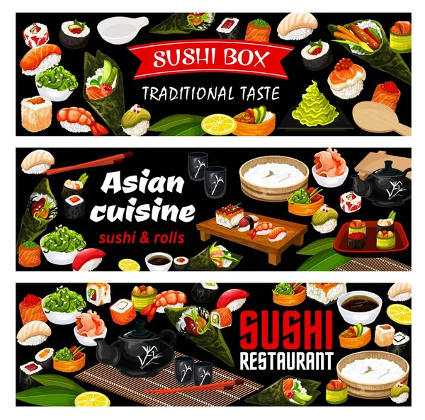 Asiatische Sushi-Brötchen, japanische Meeresfrüchte-Küche — Stockvektor