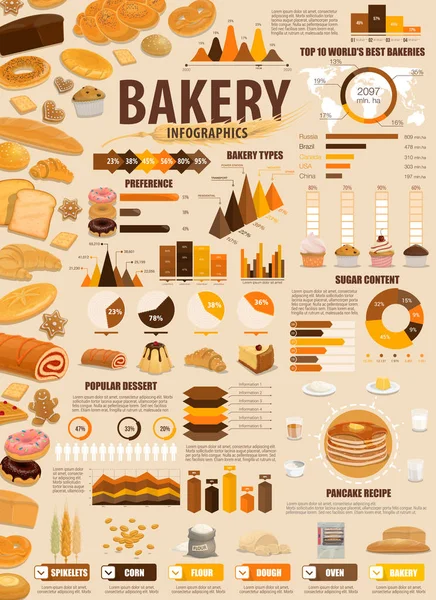 Bolos de padaria, pastelaria infográficos pastelaria —  Vetores de Stock