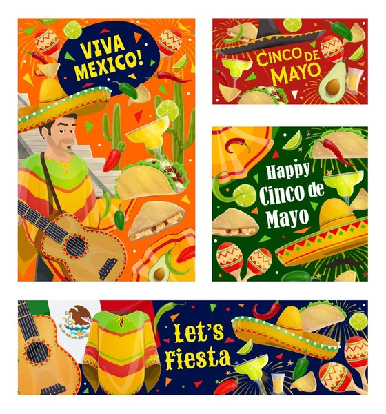 Cinco de Mayo mariachi con sombrero y guitarra — Vector de stock