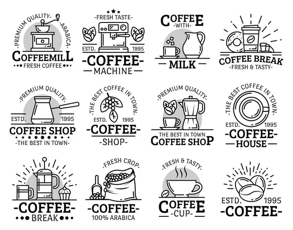 Coffeeshop y cafetera taza de café línea iconos — Vector de stock