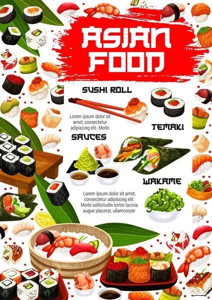 Rollos de sushi asiáticos, menú de cocina japonesa de mariscos — Vector de stock