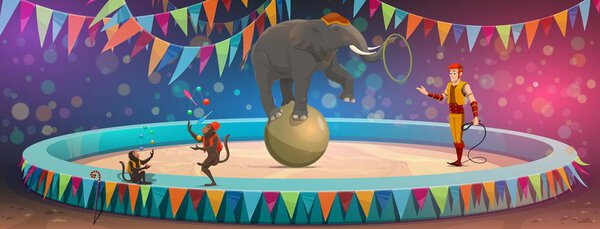 Big top circus arena, elephant on ball and monkeys