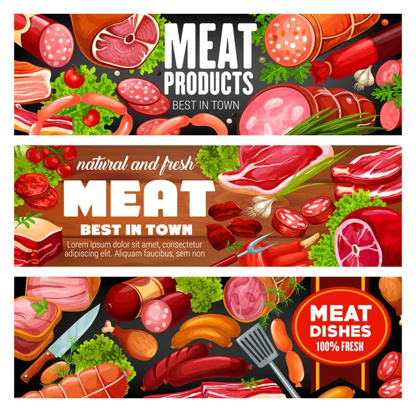 Hentes üzlet hús és kolbászok élelmiszer termékek — Stock Vector