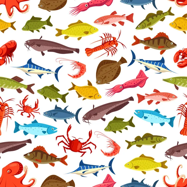 Fisk sömlösa mönster, ocean skaldjur bakgrund — Stock vektor