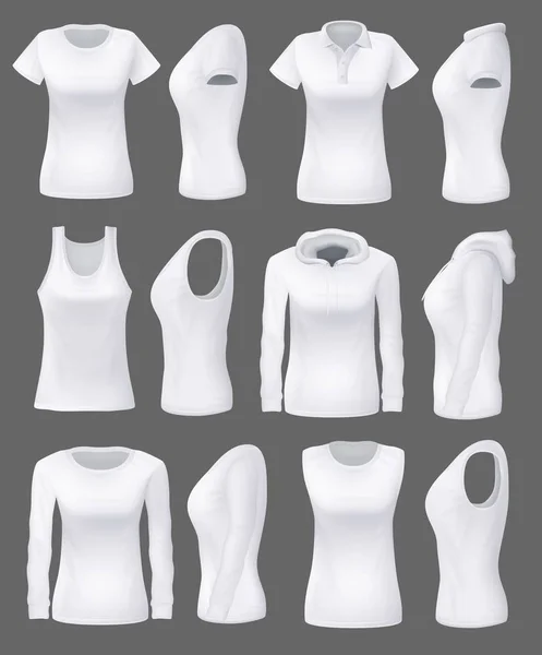 Woman clothing mockup models, white sport shirts Stock Vector