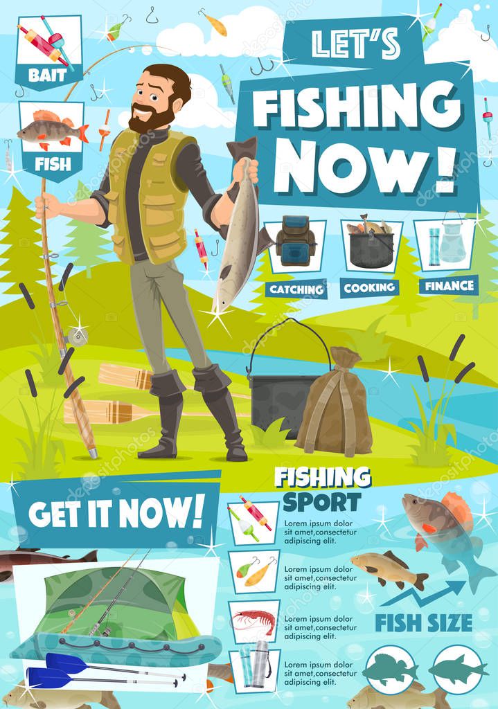 Fishing sport adventure, fisher catch equipment