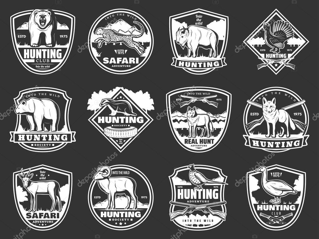 Hunting open season and hunter society club badges. Vector isolated icons of bear, cheetah or wolf and fox, hunter wild birds and African safari animals, hunting equipment guns and traps