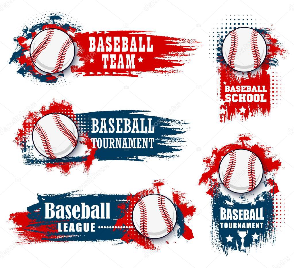 Baseball sport banners with halftone blue and red background. Vector baseball sport championship cup, college team tournament and university league flag with softball ball and champion stars