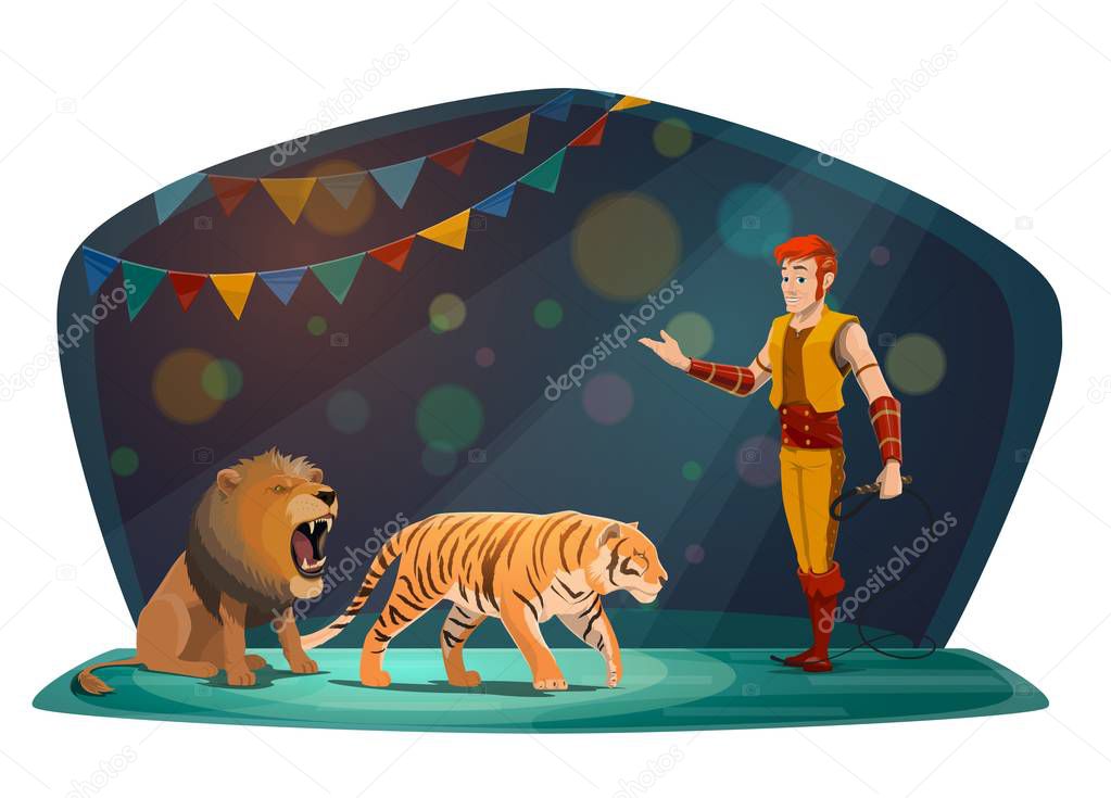 Big top circus arena, tiger and lion animals tamer