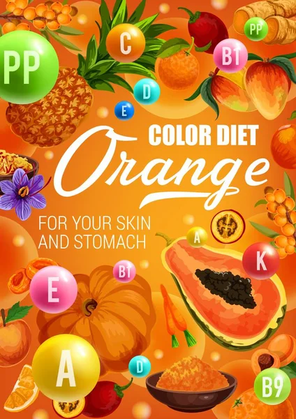 Pomarańczowe owoce i warzywa. Kolor diety żywności — Wektor stockowy