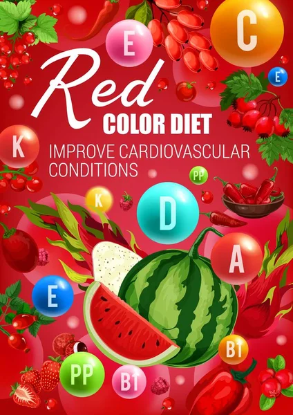 Color de la dieta de alimentos, frutas rojas, bayas y verduras — Archivo Imágenes Vectoriales