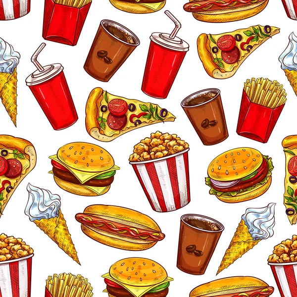 Fast food modèle sans couture avec hamburgers et boissons — Image vectorielle