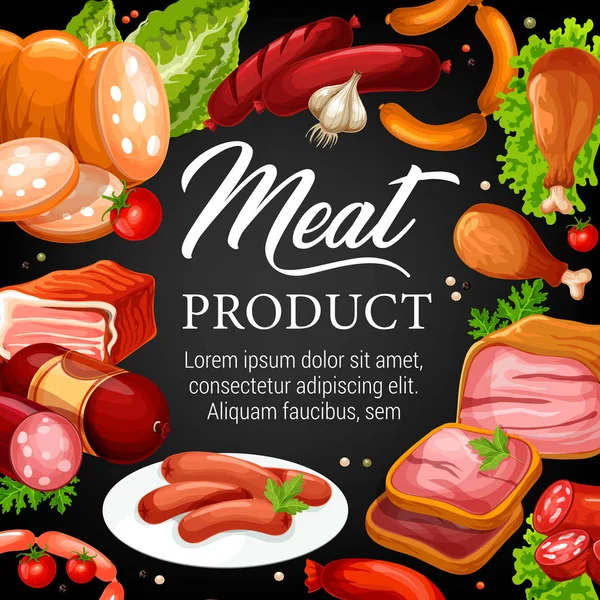 Meat products of sausages, ham, salami and bacon — Stock Vector