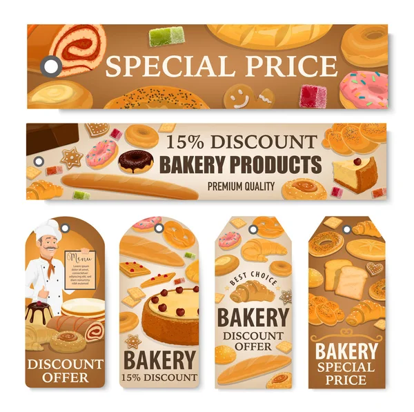 Pão de padaria, doces sobremesas de pastelaria etiquetas de desconto — Vetor de Stock