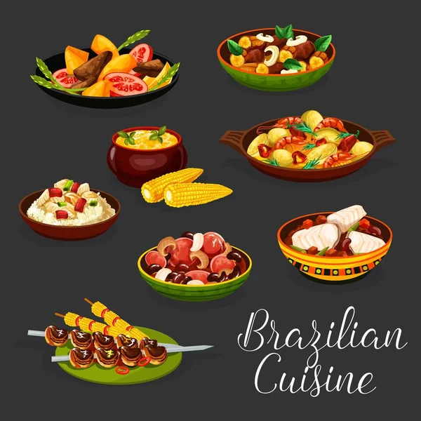 Pratos de carne brasileiros com legumes e frutos do mar — Vetor de Stock