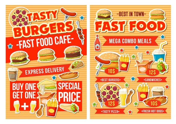 Fast food hamburger, pizza en dranken. Combo menu — Stockvector