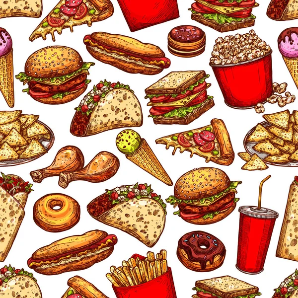 Fast Food Junk Mahlzeit und Getränke nahtlose Muster — Stockvektor