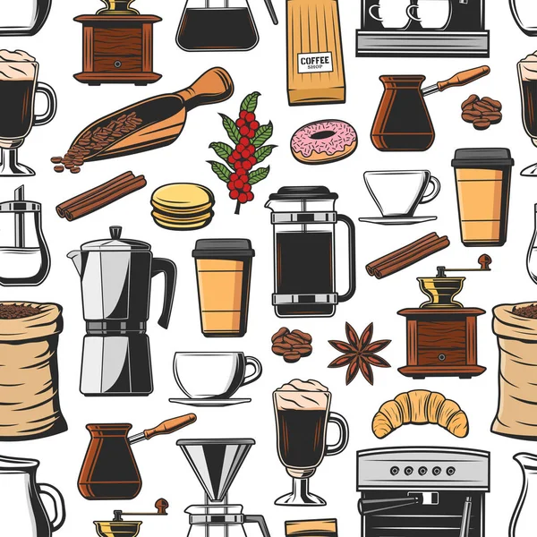 コーヒー マシン、カップ、グラインダーのシームレス パターン — ストックベクタ