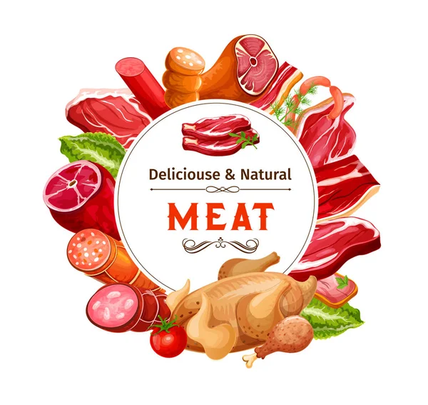 Beef and pork meat sausages, ham, bacon and salami — Stock Vector