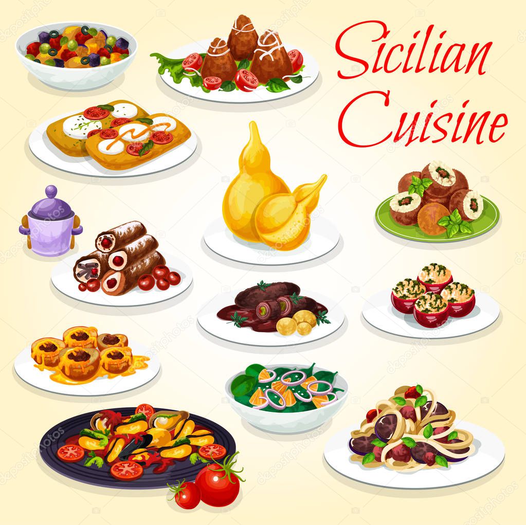 Sicilian salad, pasta, stew and dessert dishes