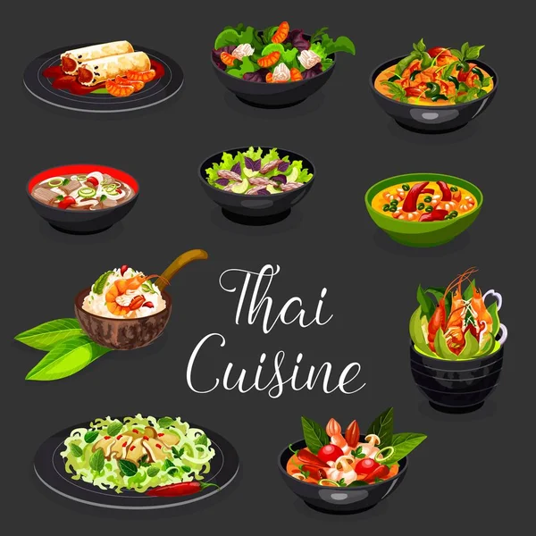 Platos de mariscos tailandeses con ensaladas de carne y verduras — Vector de stock