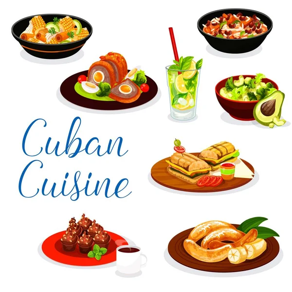 Pratos de carne cubana com sobremesa e bebidas — Vetor de Stock