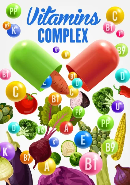 Vitaminer och mineraler i grönsaker. Vegansk mat — Stock vektor