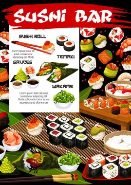 Japon suşi rulo, deniz ürünleri temaki ve soslar