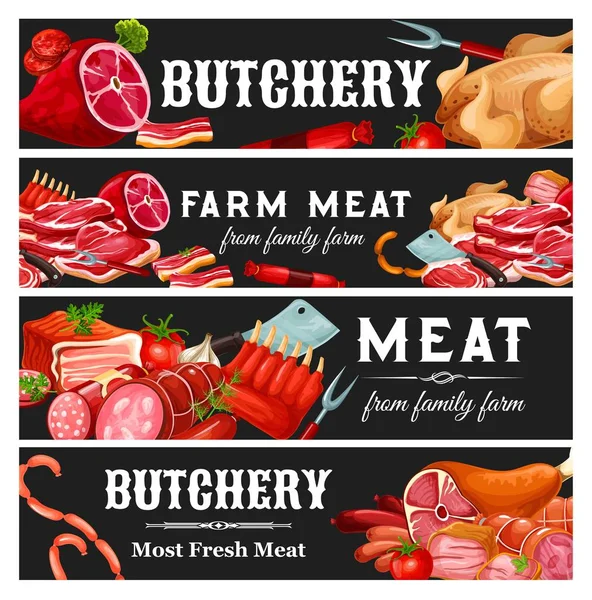 Boucherie viande et saucisses, marché agricole — Image vectorielle