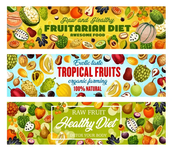 Frutas exóticas, colheita de alimentos frutícolas naturais —  Vetores de Stock