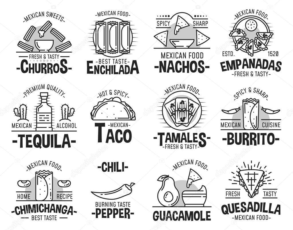 Mexican cuisine restaurant or cafe icons. Vector sweet churros dessert, taco or burrito and quesadilla, nachos with avocado guacamole salsa and cimichanga, tequila and enchilada