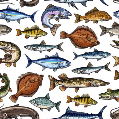 Sea and ocean fishes, seamless pattern clipart
