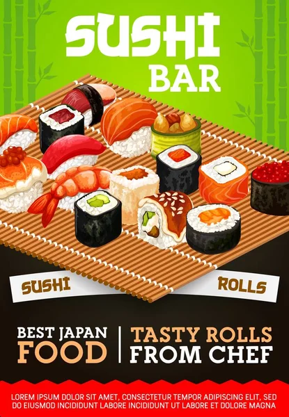 Sashimi barra de sushi japonés y menú de rollos maki — Vector de stock
