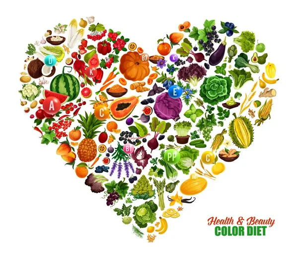 Cor dieta coração, alimentação saudável nutrição — Vetor de Stock