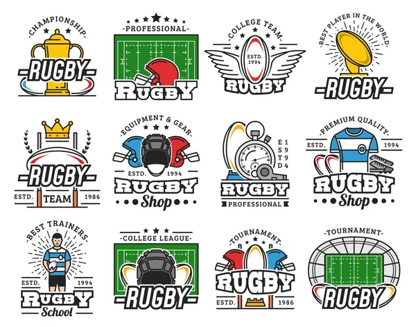 Campionato del club di rugby, icone dell'attrezzatura sportiva — Vettoriale Stock