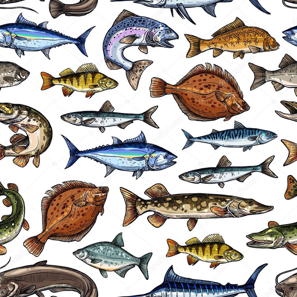 Sea and ocean fishes, seamless pattern