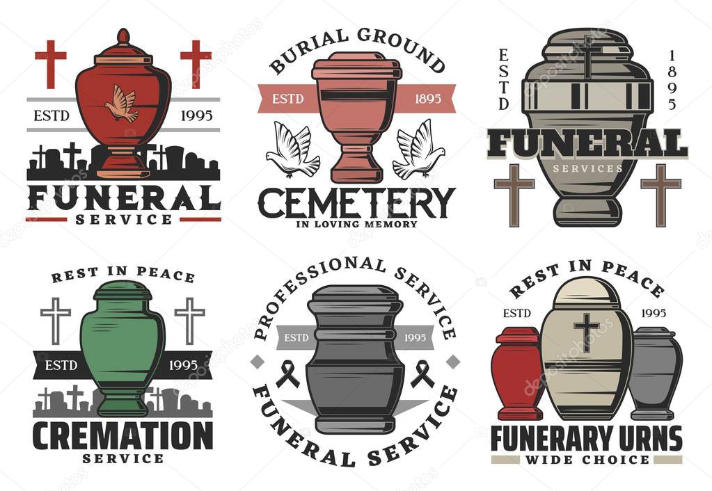 Funeral and funerary urn columbarium icons. Vector funeral or cremation burial service agency symbols of cremation urn on cemetery graveyard with memorial ribbon, flowers or doves and cross
