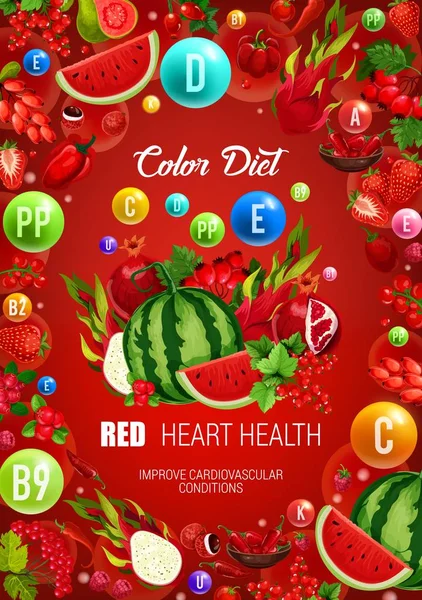 Colore dieta rosso cibo sano, salute del cuore — Vettoriale Stock