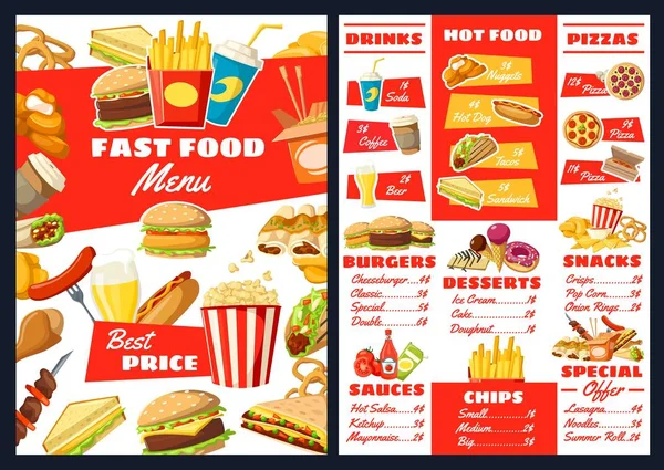 Menù fast food hamburger, snack e dessert — Vettoriale Stock