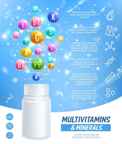 Multivitaminas complejo suplemento dietético píldoras — Archivo Imágenes Vectoriales
