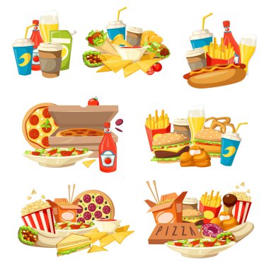 Hızlı yemek Burger, pizza ve içecekler ile sosisli