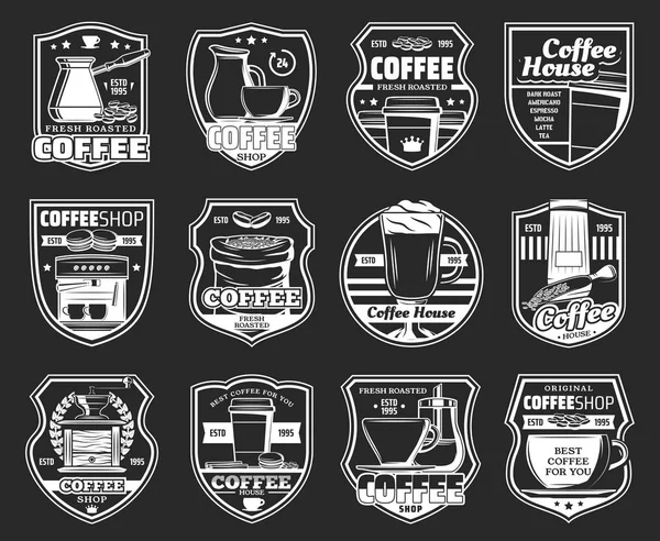 Ícones de café com máquina de café expresso, copos de bebida quente — Vetor de Stock