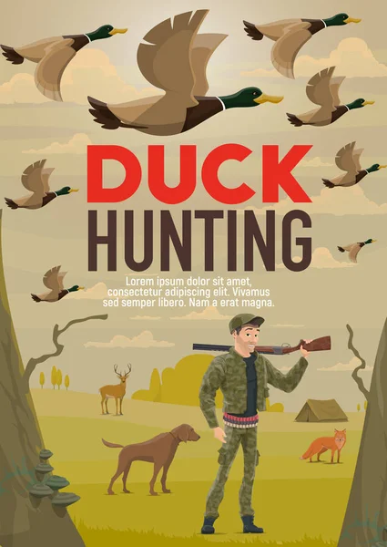 Pato caçador caça com arma ou rifle e cão — Vetor de Stock